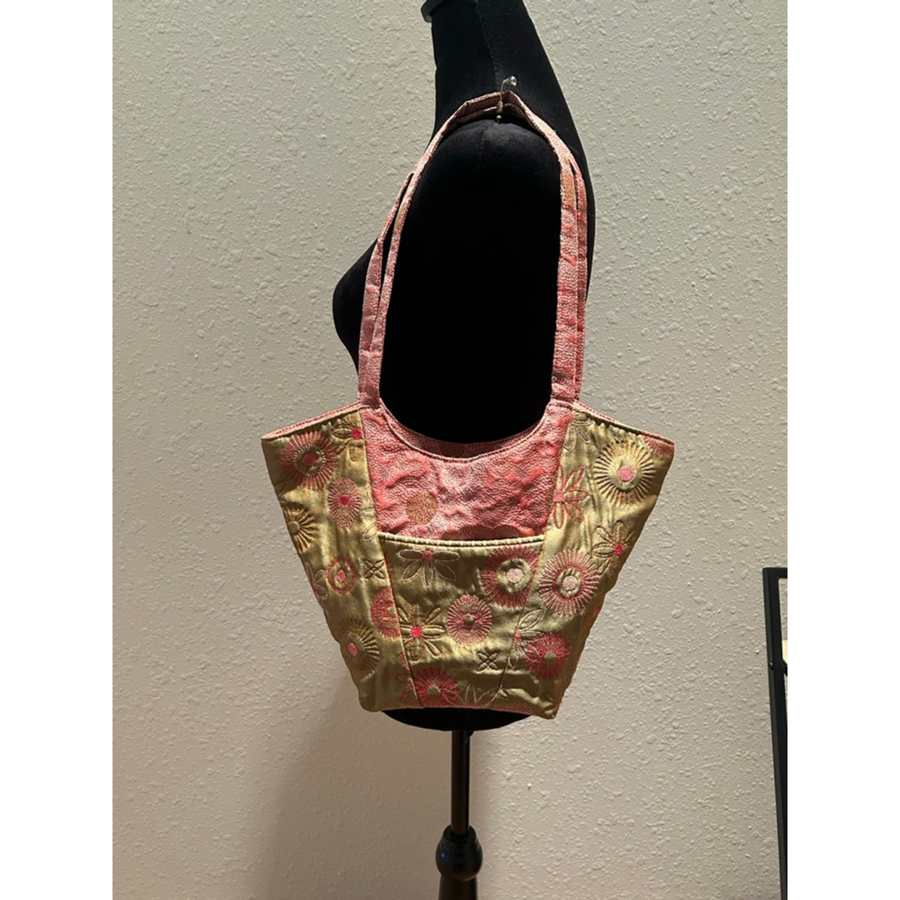 Women's Maruca Gold Pink Floral Embroidered Tote Bag 14 x 10